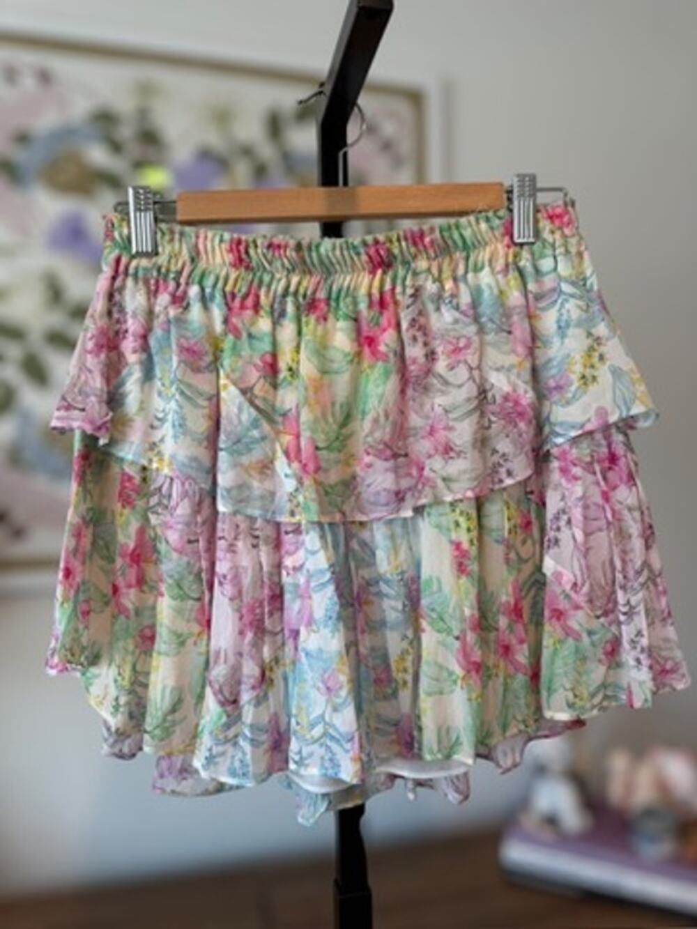 Love Shack Fancy High Rise Tiered Ruffled Floral Mini Skirt Multi Women's Medium